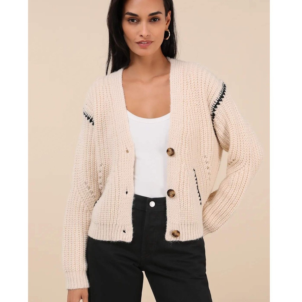 Lulus Cabin Cues Cream Embroidered Cardigan Chunky Knit V-Neck Button Front M‎